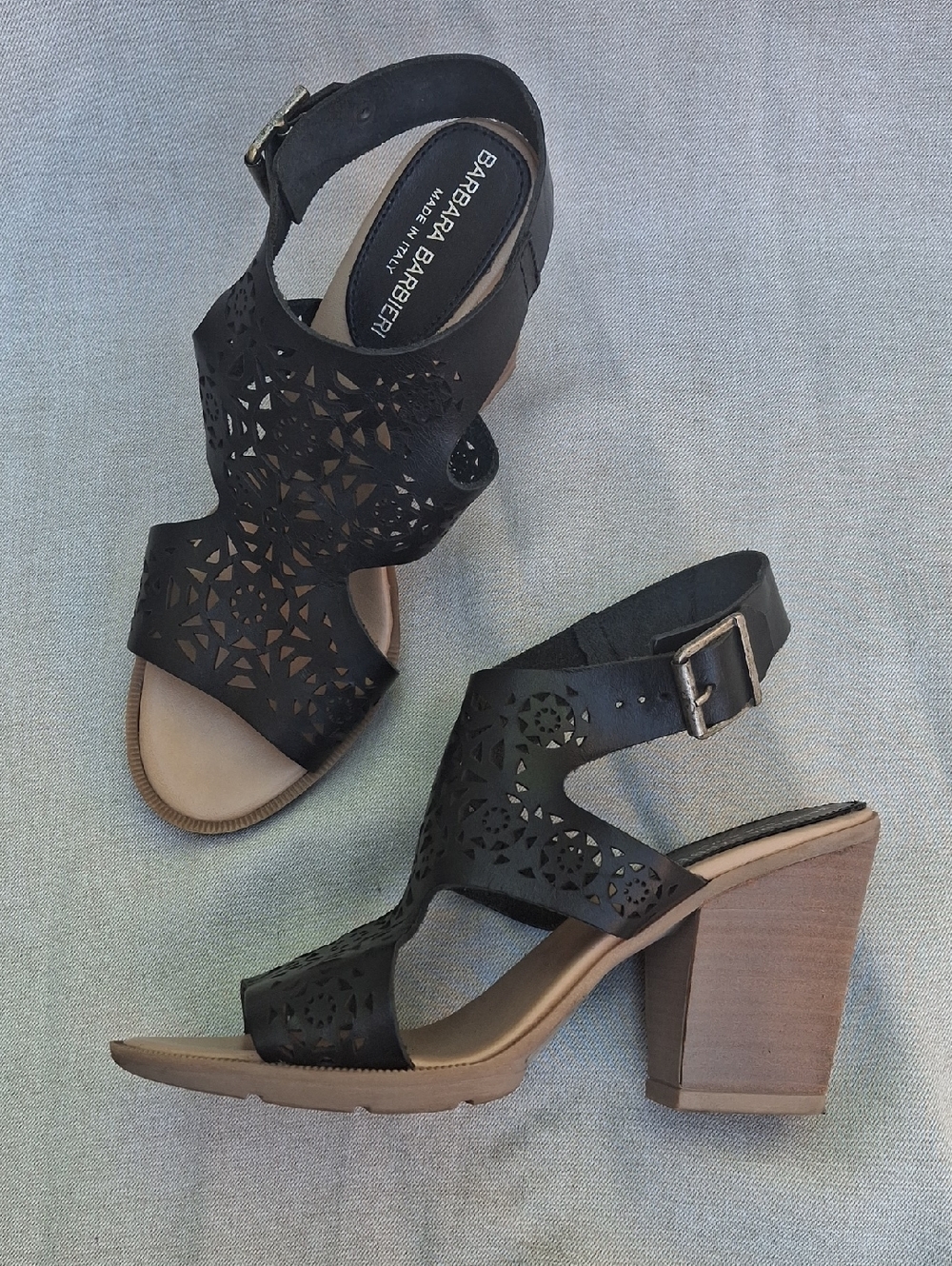 Barbara Barbieri Black Laser Cut Leather Strappy Sandals Heeled Made in Italy